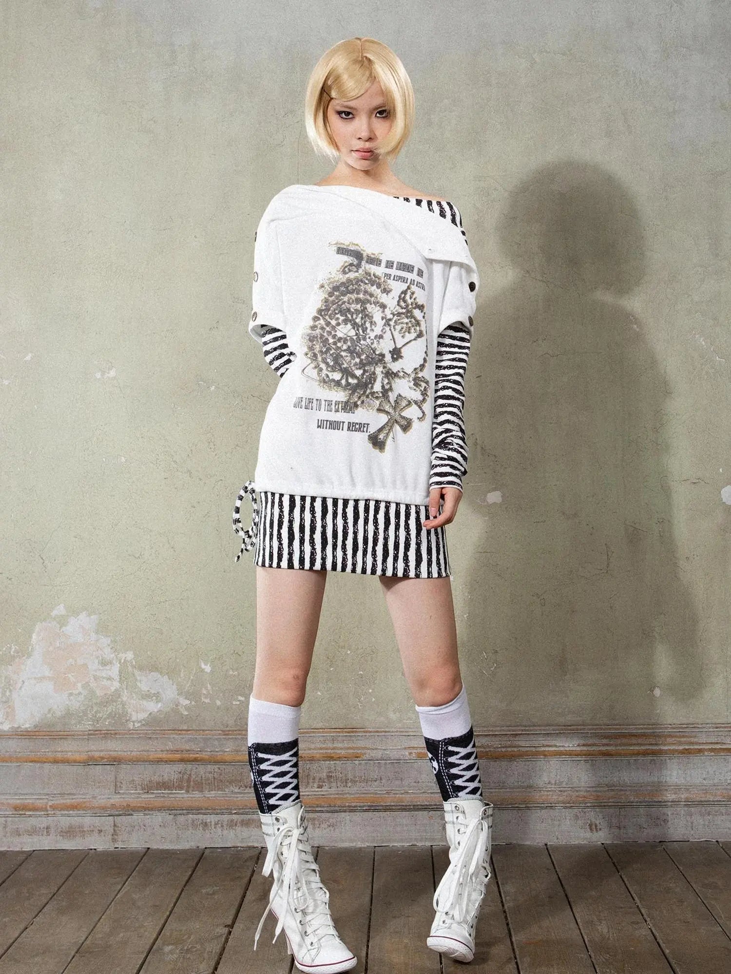 Punk Y2k Cross Print Stripe Spliced Long Sleeve Sport Shirt