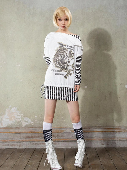 Punk Y2k Cross Print Stripe Spliced Long Sleeve Sport Shirt