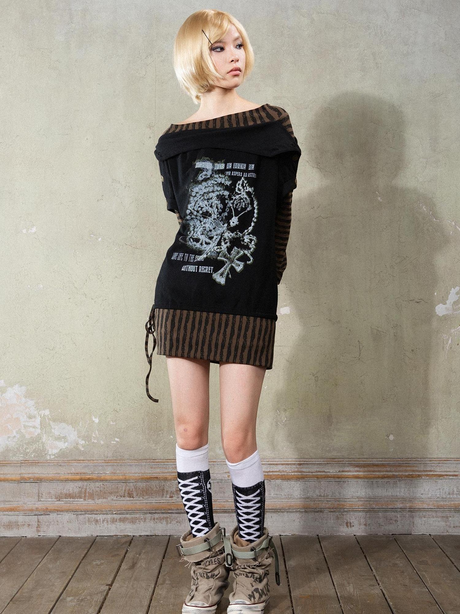 ARIADNAw Punk Y2k Cross Print Stripe Spliced Long Sleeve Sport Shirt