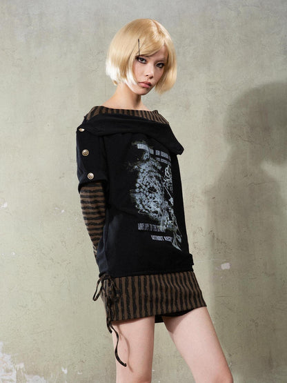 ARIADNAw Punk Y2k Cross Print Stripe Spliced Long Sleeve Sport Shirt
