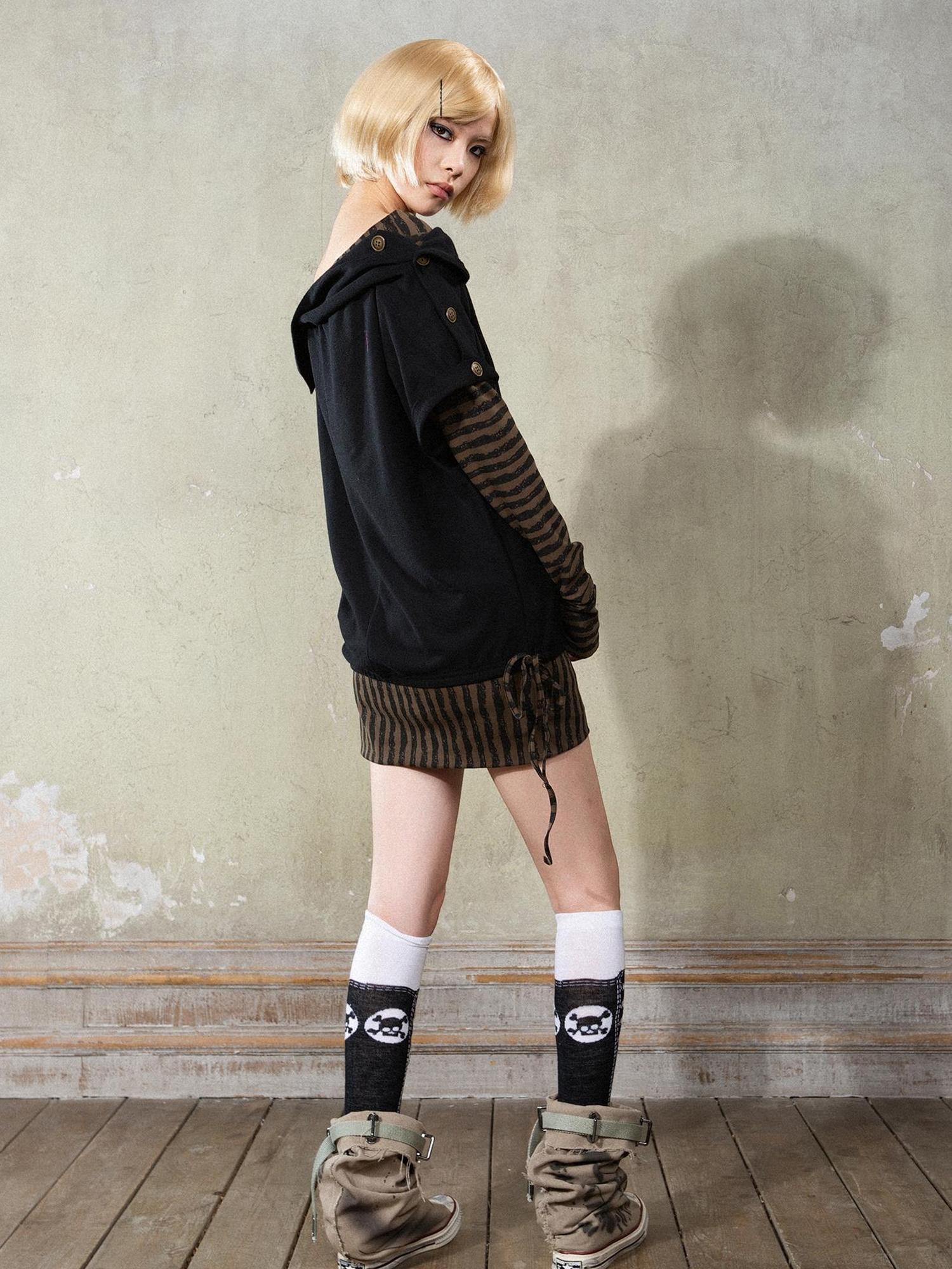 ARIADNAw Punk Y2k Cross Print Stripe Spliced Long Sleeve Sport Shirt