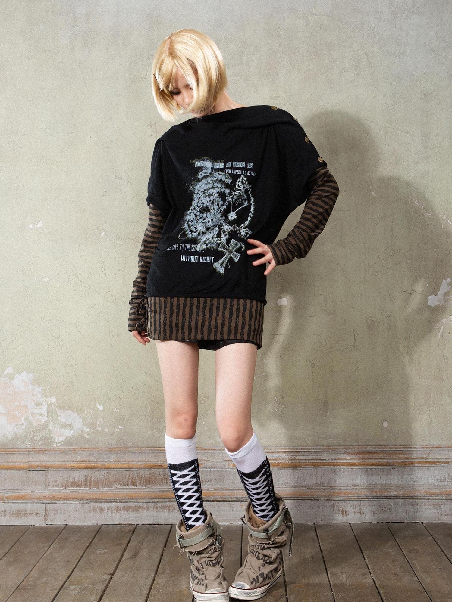 ARIADNAw Punk Y2k Cross Print Stripe Spliced Long Sleeve Sport Shirt