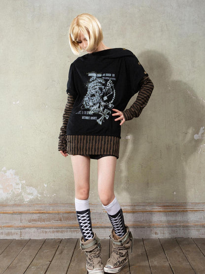 ARIADNAw Punk Y2k Cross Print Stripe Spliced Long Sleeve Sport Shirt
