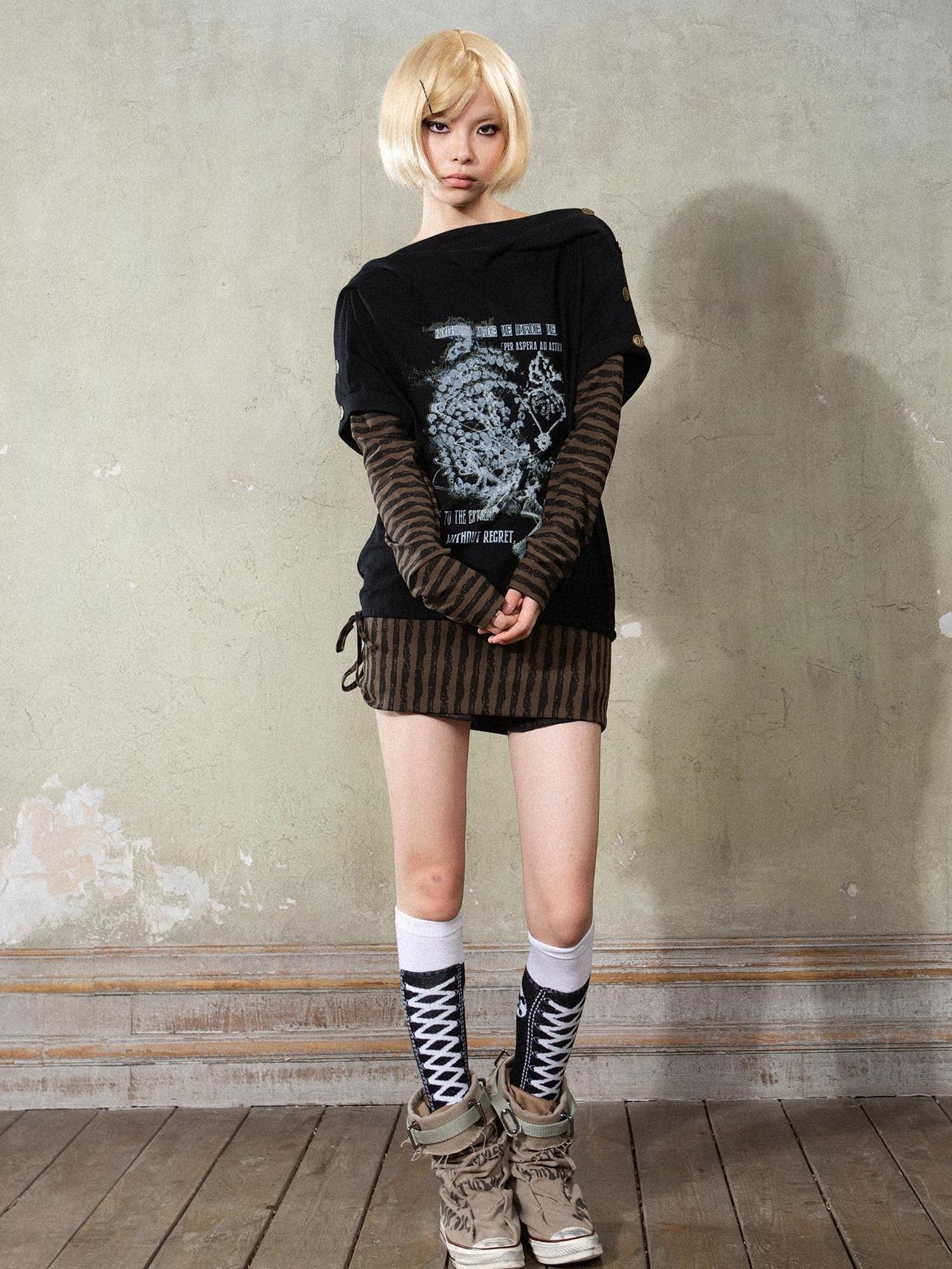 ARIADNAw Punk Y2k Cross Print Stripe Spliced Long Sleeve Sport Shirt