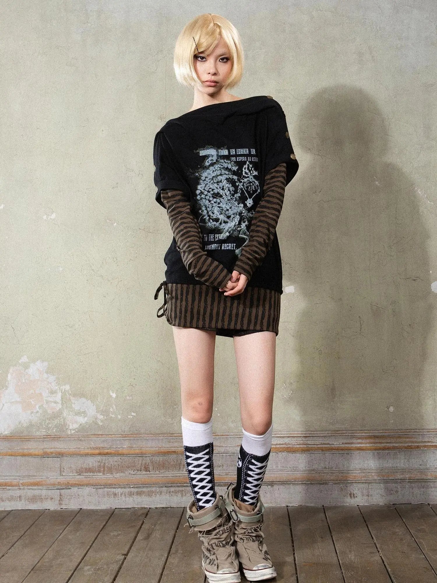 Punk Y2k Cross Print Stripe Spliced Long Sleeve Sport Shirt