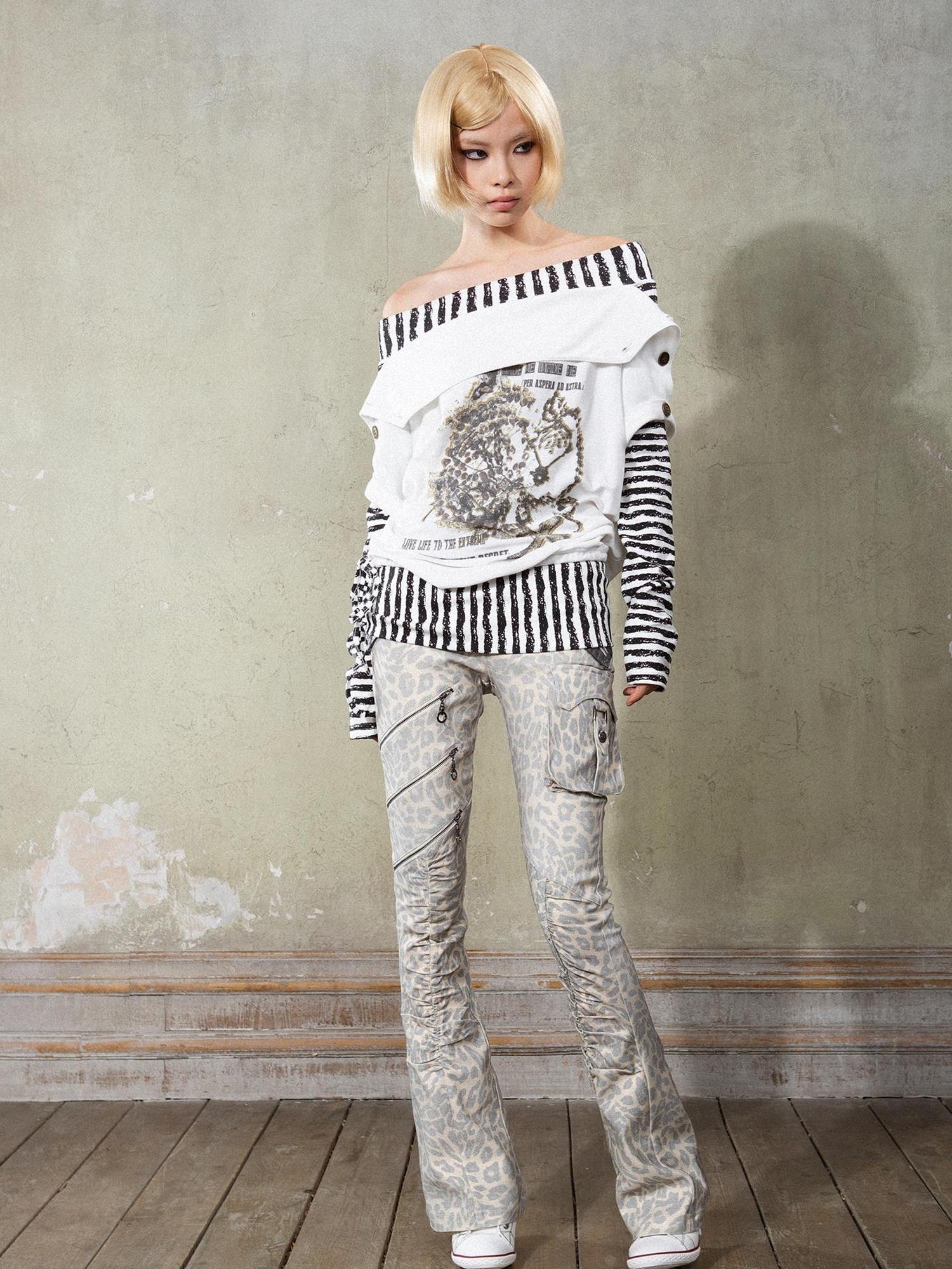 ARIADNAw Punk Y2k Cross Print Stripe Spliced Long Sleeve Sport Shirt