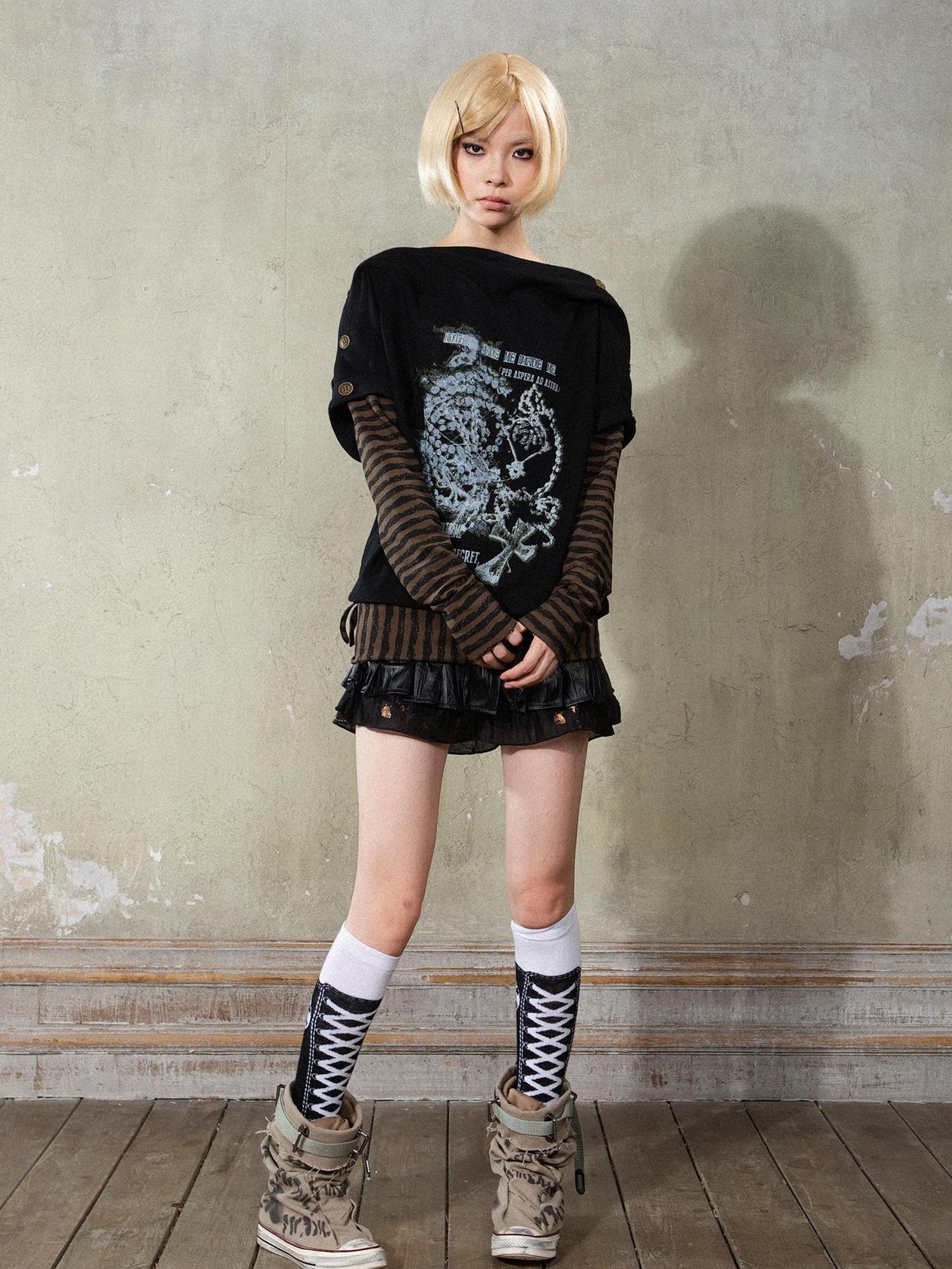 ARIADNAw Punk Y2k Cross Print Stripe Spliced Long Sleeve Sport Shirt