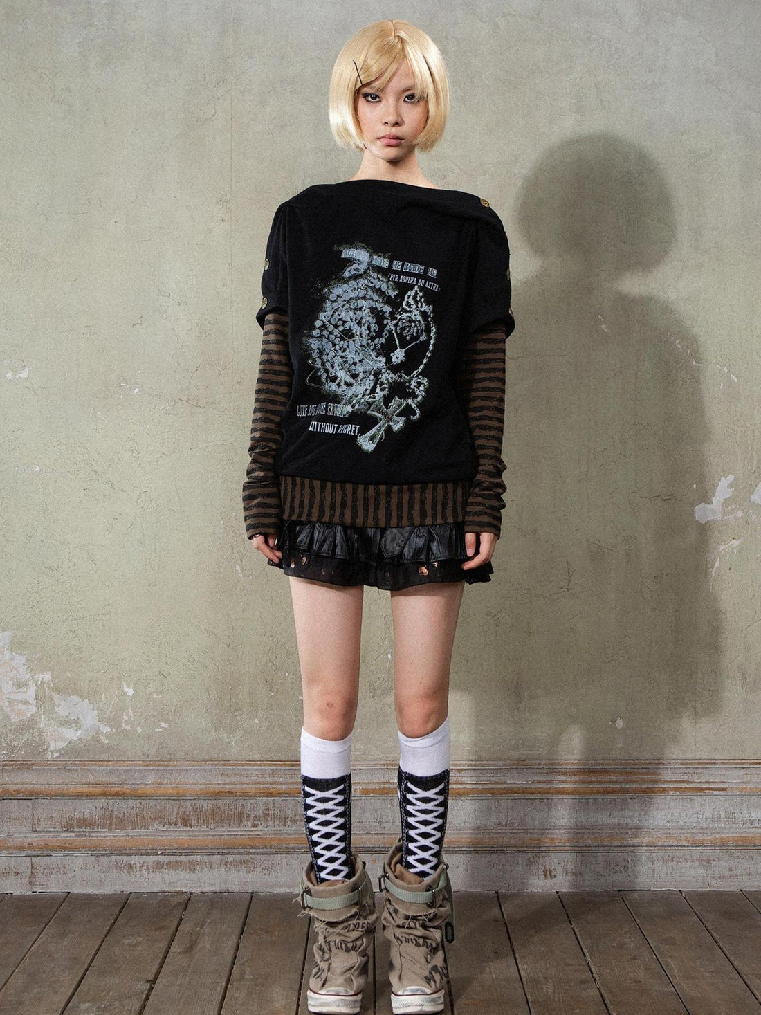 ARIADNAw Punk Y2k Cross Print Stripe Spliced Long Sleeve Sport Shirt