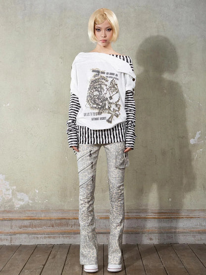 Punk Y2k Cross Print Stripe Spliced Long Sleeve Sport Shirt