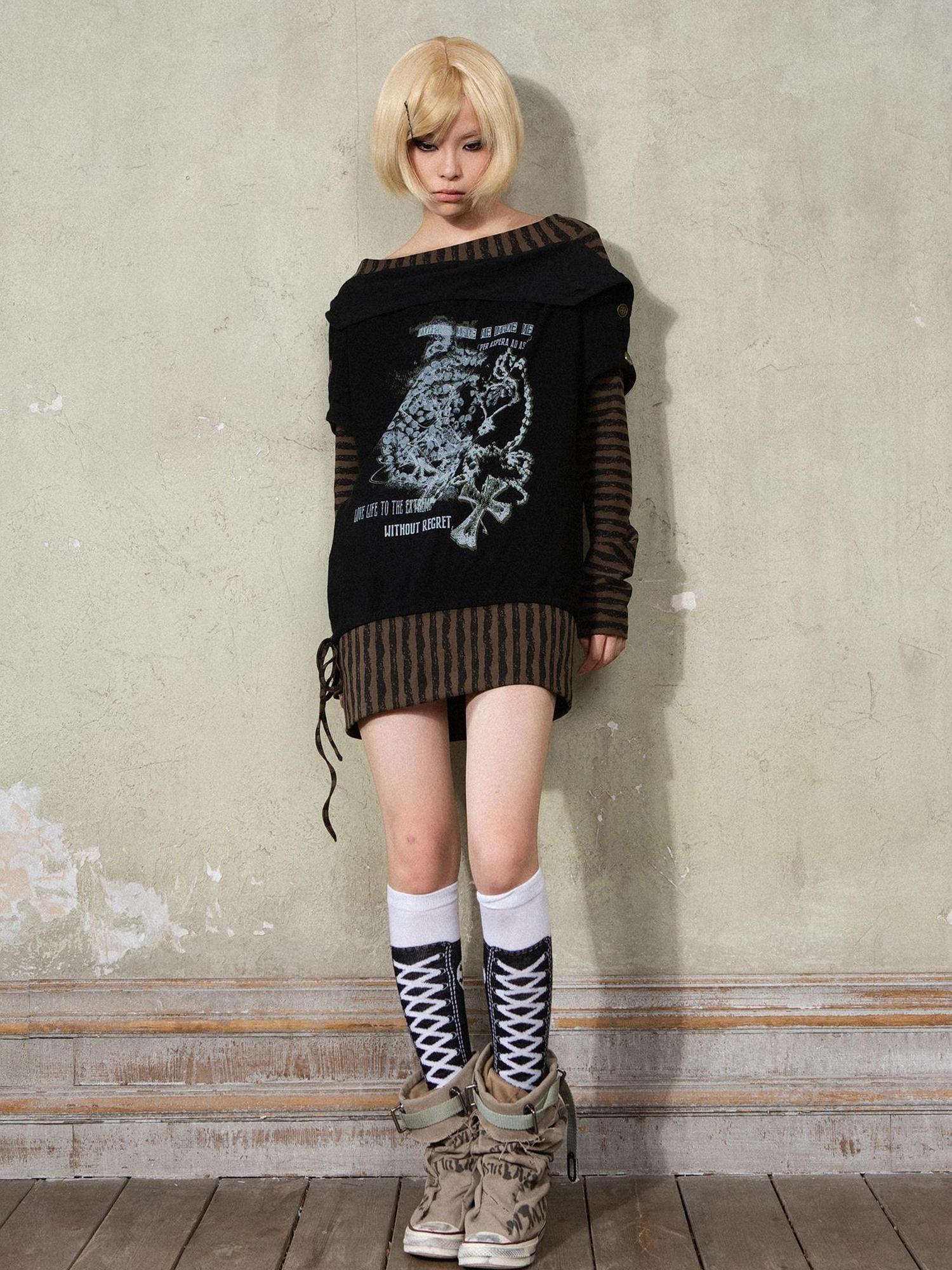 ARIADNAw Punk Y2k Cross Print Stripe Spliced Long Sleeve Sport Shirt