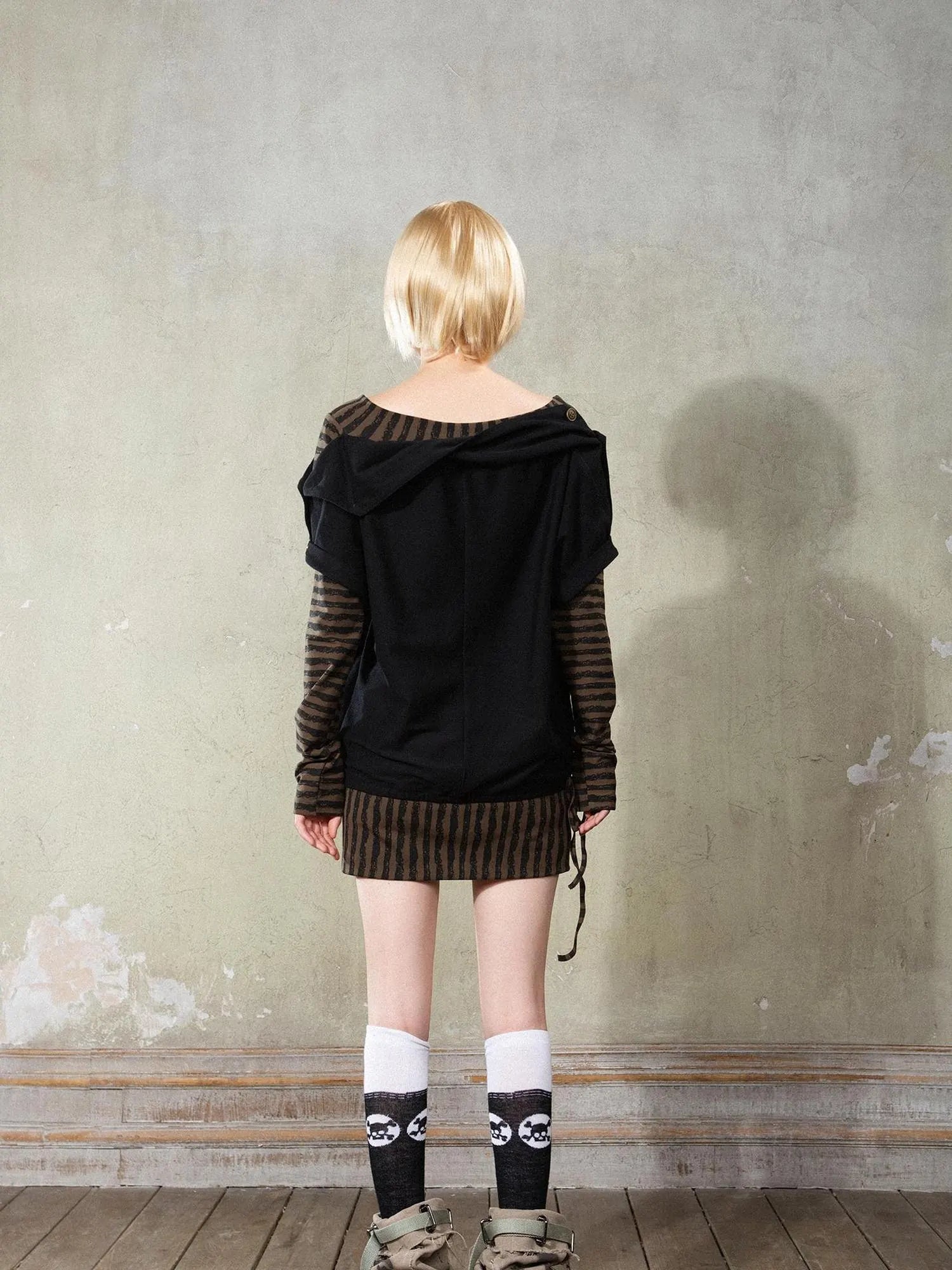 Punk Y2k Cross Print Stripe Spliced Long Sleeve Sport Shirt