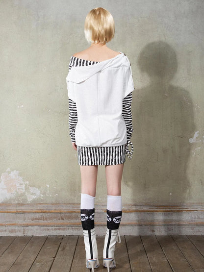 Punk Y2k Cross Print Stripe Spliced Long Sleeve Sport Shirt