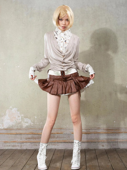 Punk Y2k Rock V Neck Grain Collar Patchwork Long Sleeve Shirt