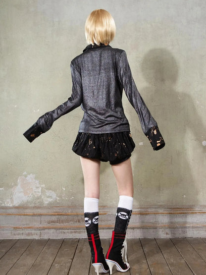 Punk Y2k Rock V Neck Grain Collar Patchwork Long Sleeve Shirt