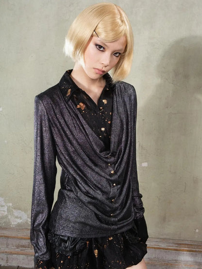 Punk Y2k Rock V Neck Grain Collar Patchwork Long Sleeve Shirt