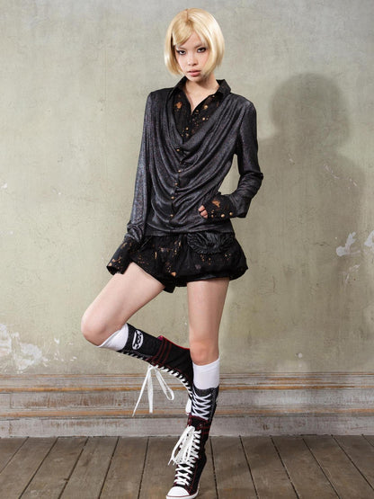 ARIADNAw Punk Y2k Rock V Neck Grain Collar Patchwork Long Sleeve Shirt