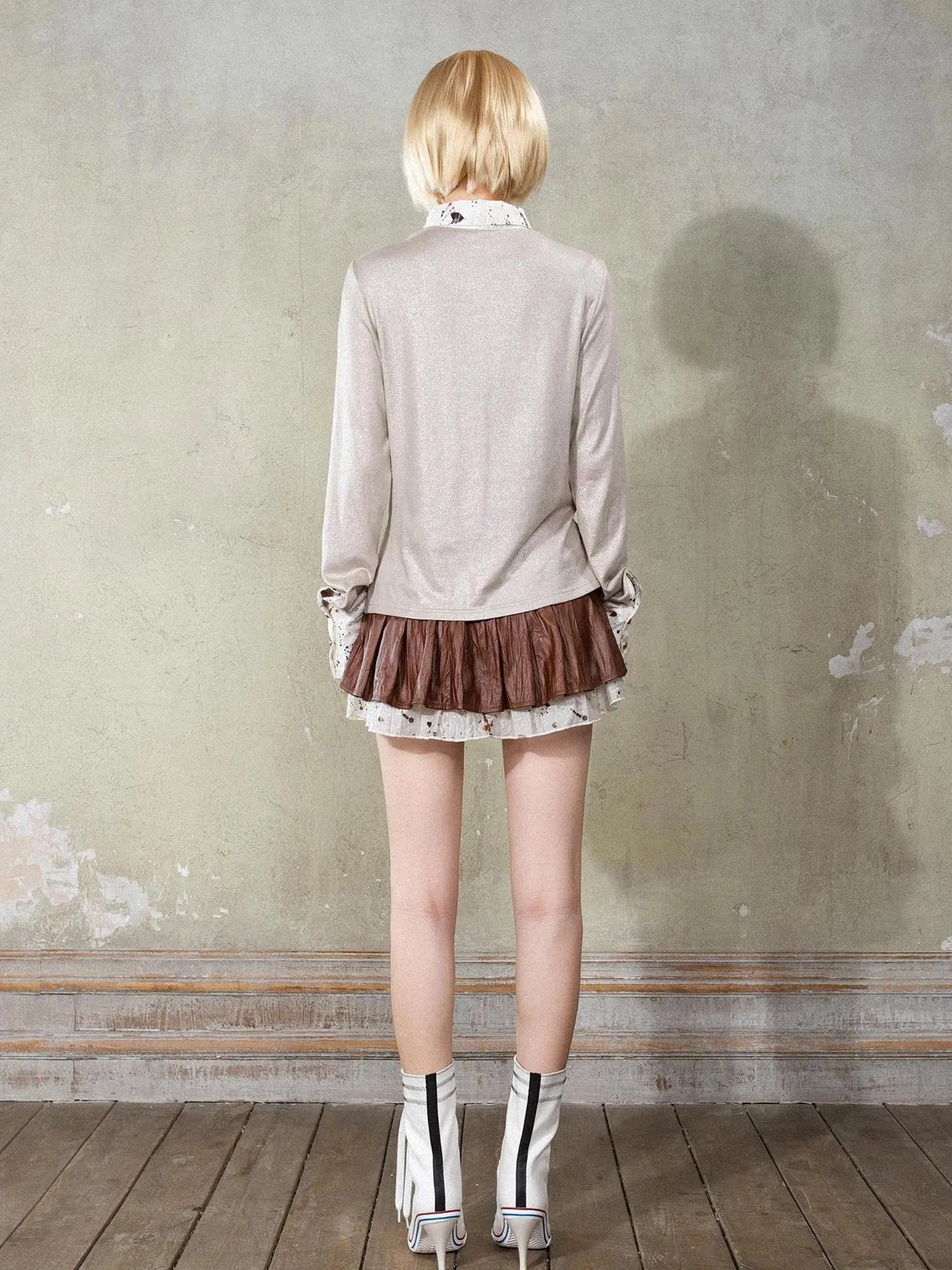 Punk Y2k Rock V Neck Grain Collar Patchwork Long Sleeve Shirt