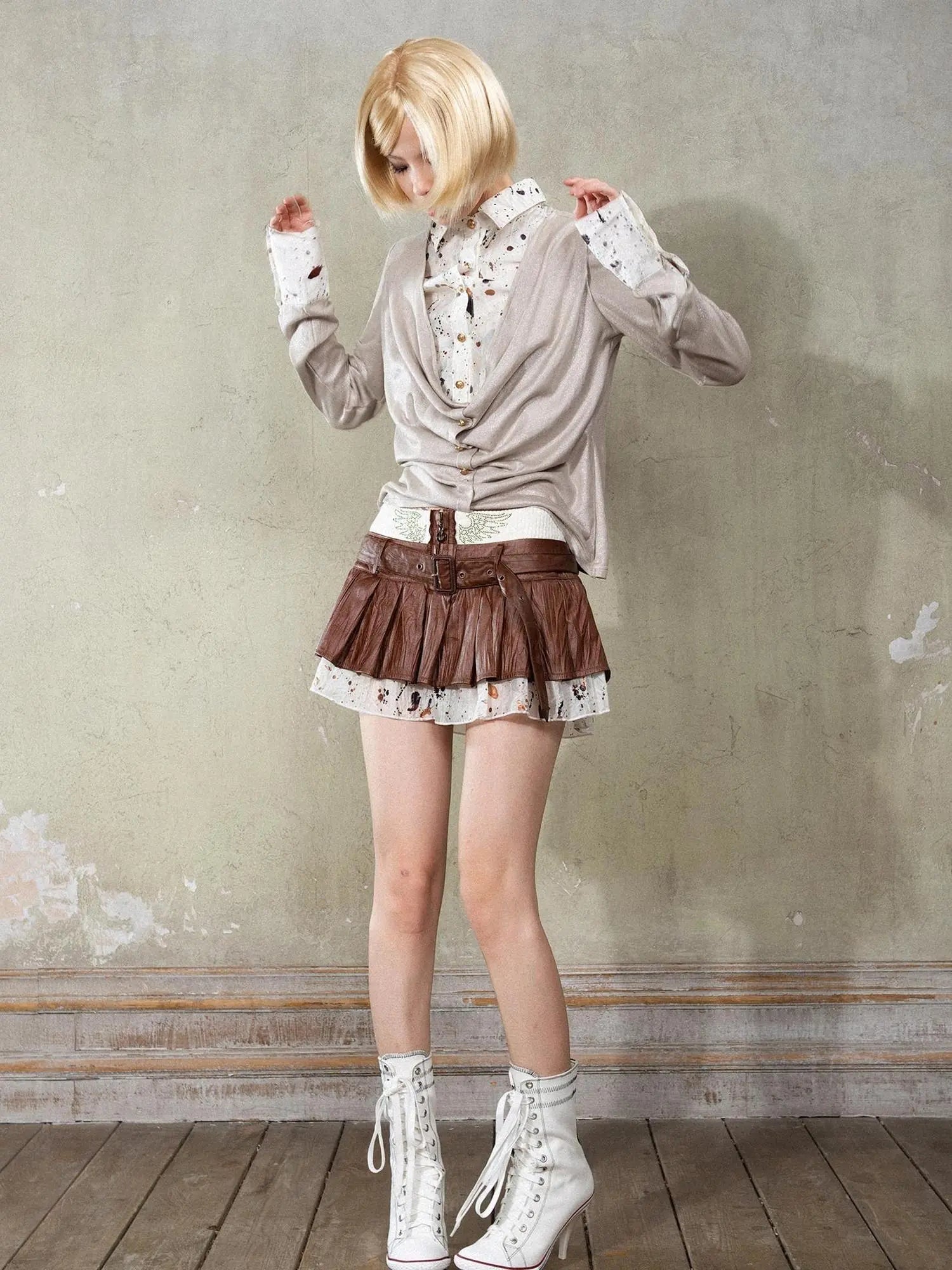 Punk Y2k Rock V Neck Grain Collar Patchwork Long Sleeve Shirt