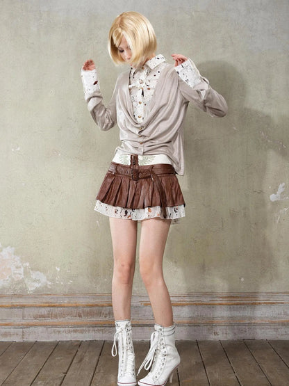 Punk Y2k Rock V Neck Grain Collar Patchwork Long Sleeve Shirt