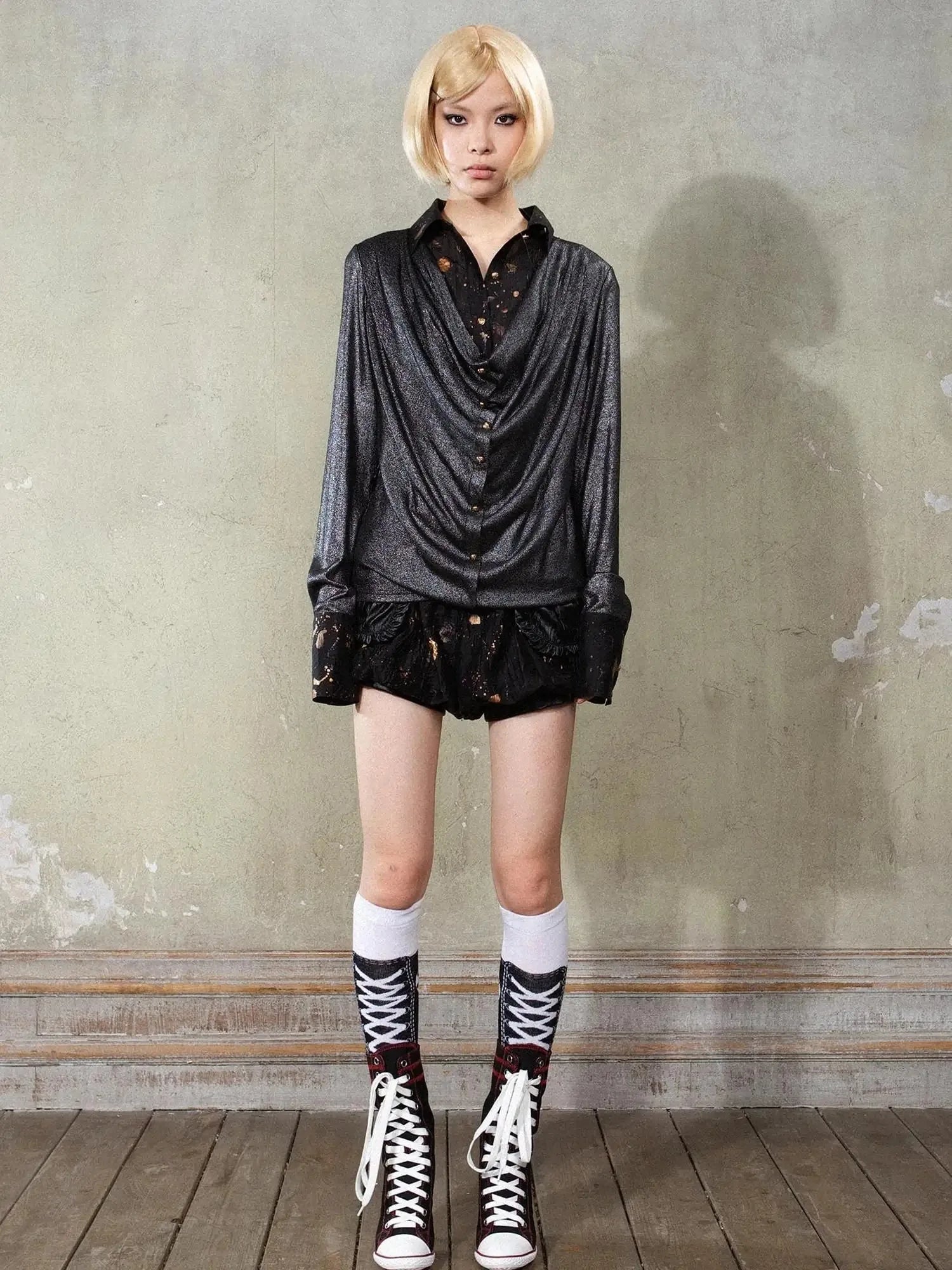 Punk Y2k Rock V Neck Grain Collar Patchwork Long Sleeve Shirt