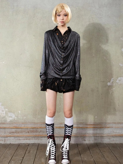 Punk Y2k Rock V Neck Grain Collar Patchwork Long Sleeve Shirt