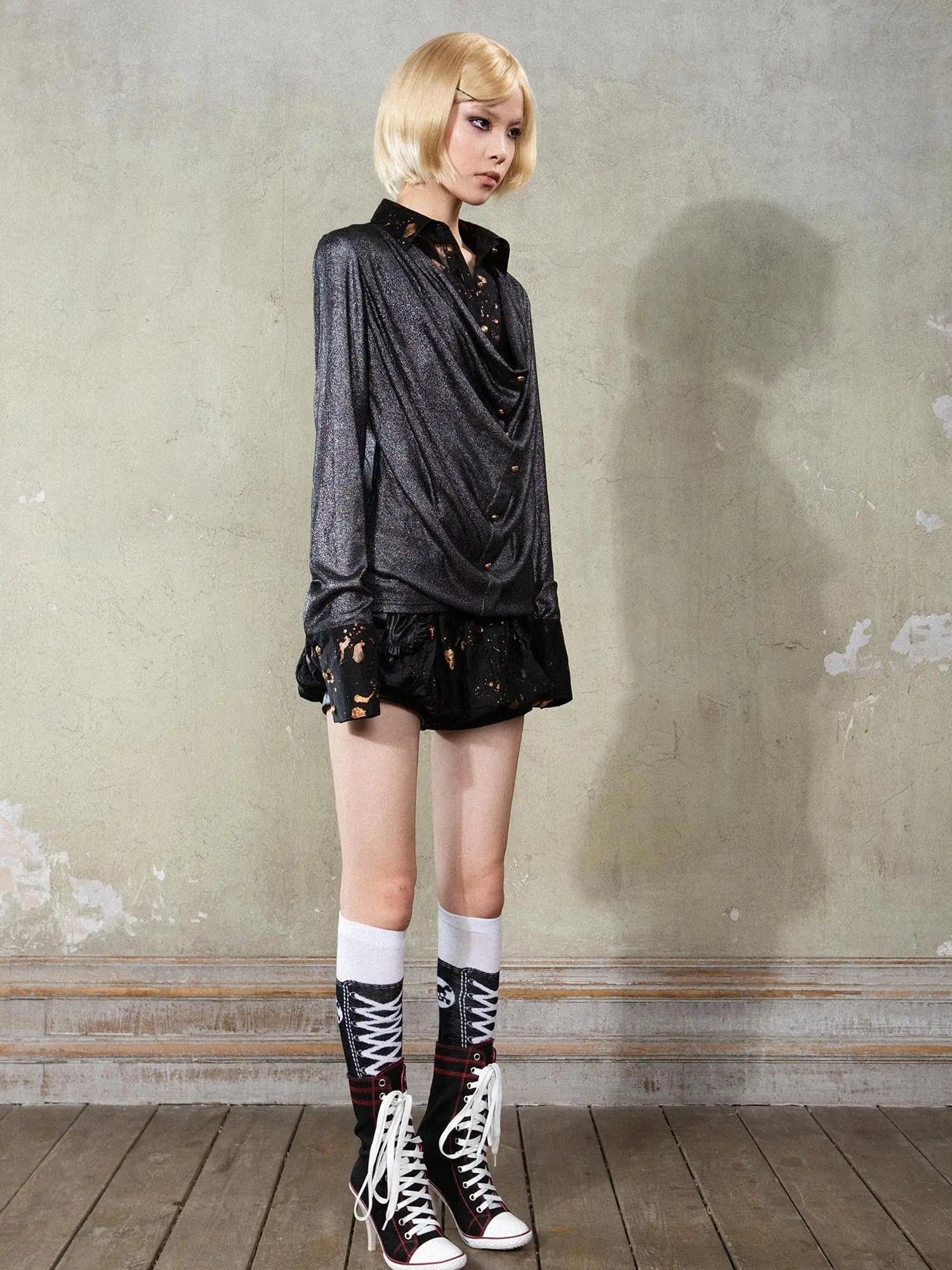 Punk Y2k Rock V Neck Grain Collar Patchwork Long Sleeve Shirt