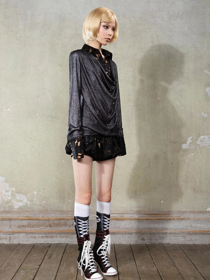 Punk Y2k Rock V Neck Grain Collar Patchwork Long Sleeve Shirt