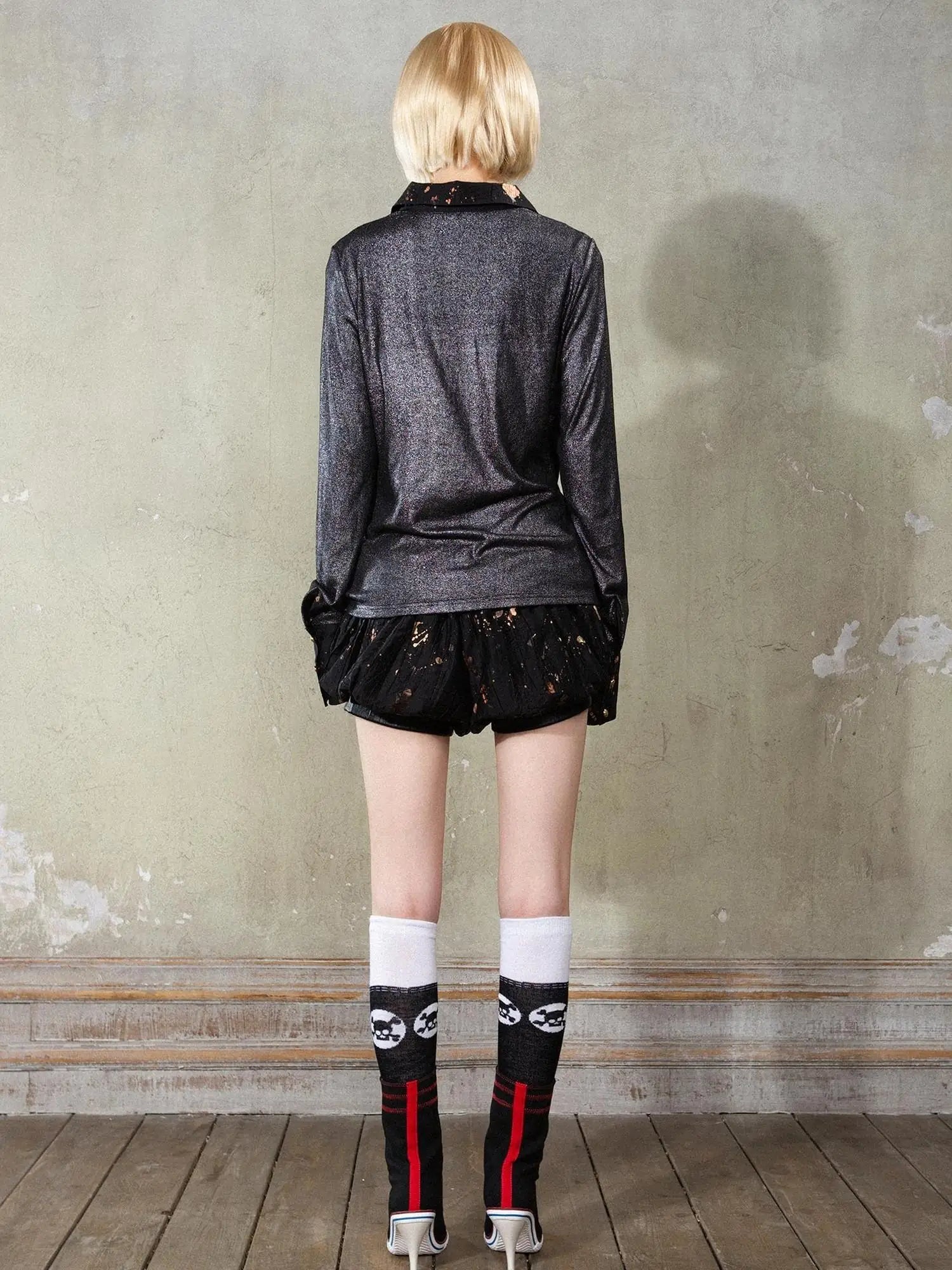 Punk Y2k Rock V Neck Grain Collar Patchwork Long Sleeve Shirt