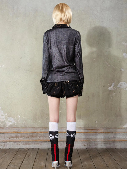 Punk Y2k Rock V Neck Grain Collar Patchwork Long Sleeve Shirt