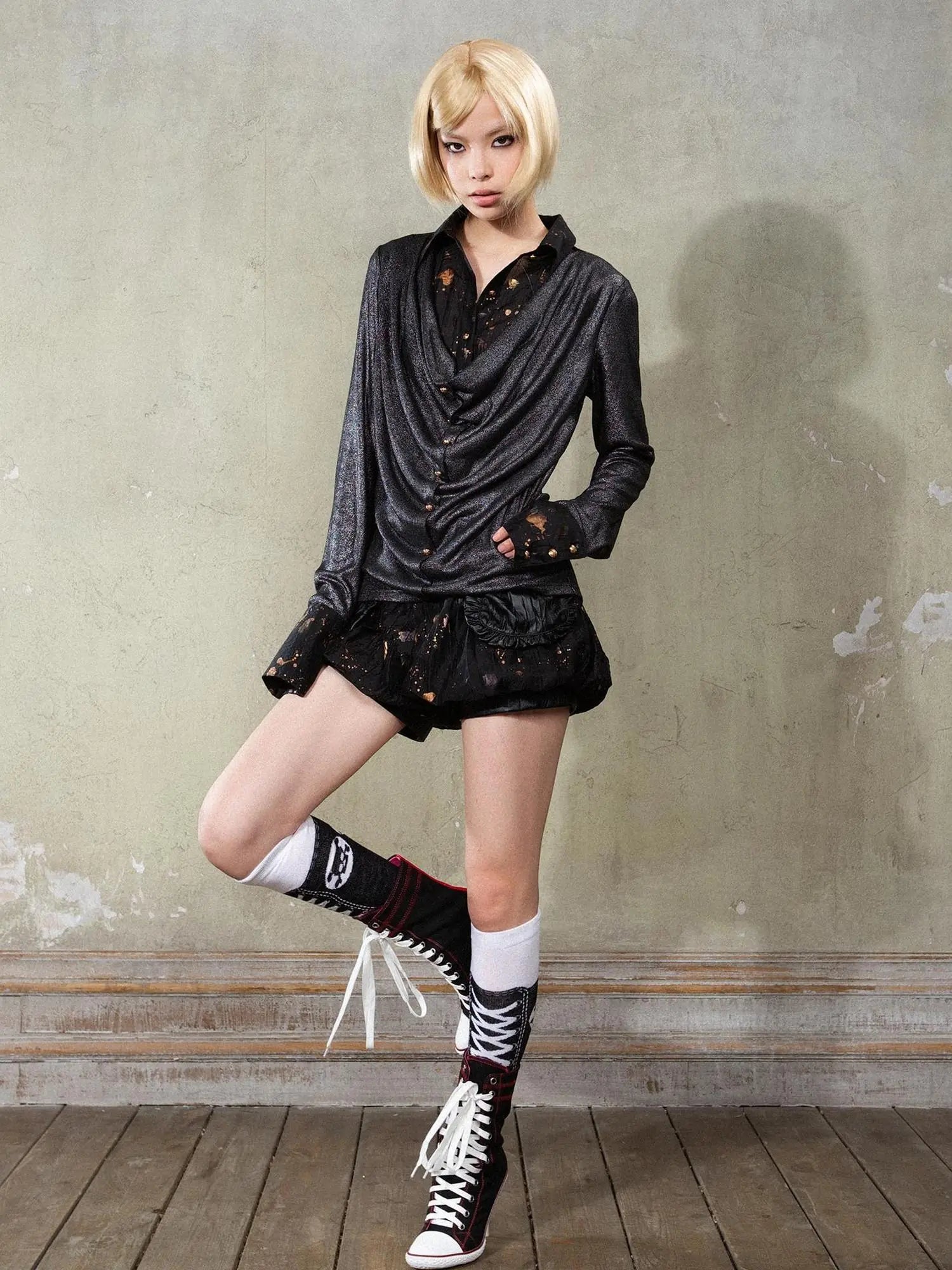 Punk Y2k Rock V Neck Grain Collar Patchwork Long Sleeve Shirt