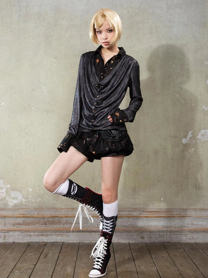 Punk Y2k Rock V Neck Grain Collar Patchwork Long Sleeve Shirt