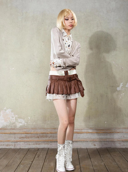 Punk Y2k Rock V Neck Grain Collar Patchwork Long Sleeve Shirt