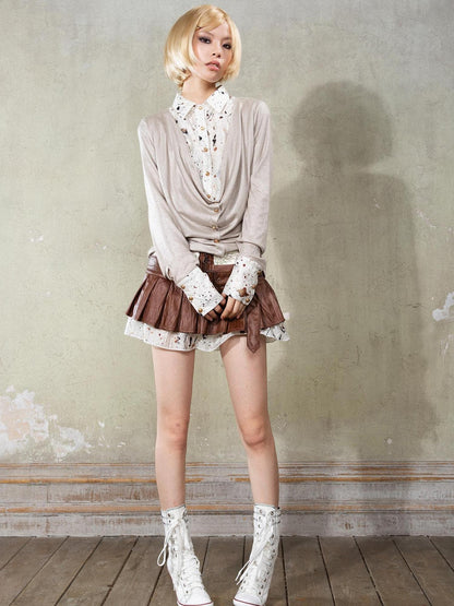 ARIADNAw Punk Y2k Rock V Neck Grain Collar Patchwork Long Sleeve Shirt
