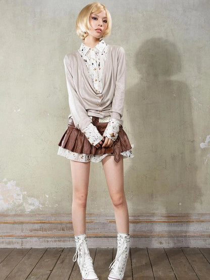 Punk Y2k Rock V Neck Grain Collar Patchwork Long Sleeve Shirt