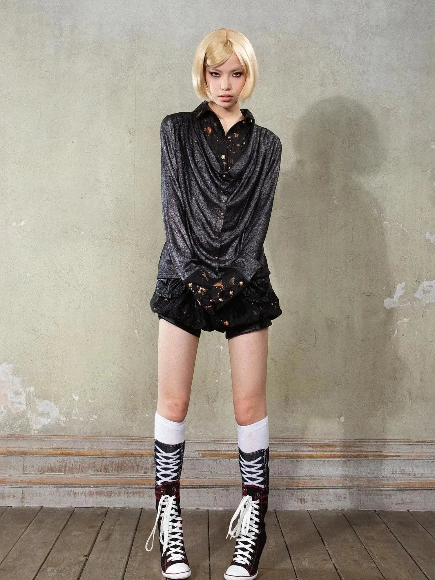 Punk Y2k Rock V Neck Grain Collar Patchwork Long Sleeve Shirt