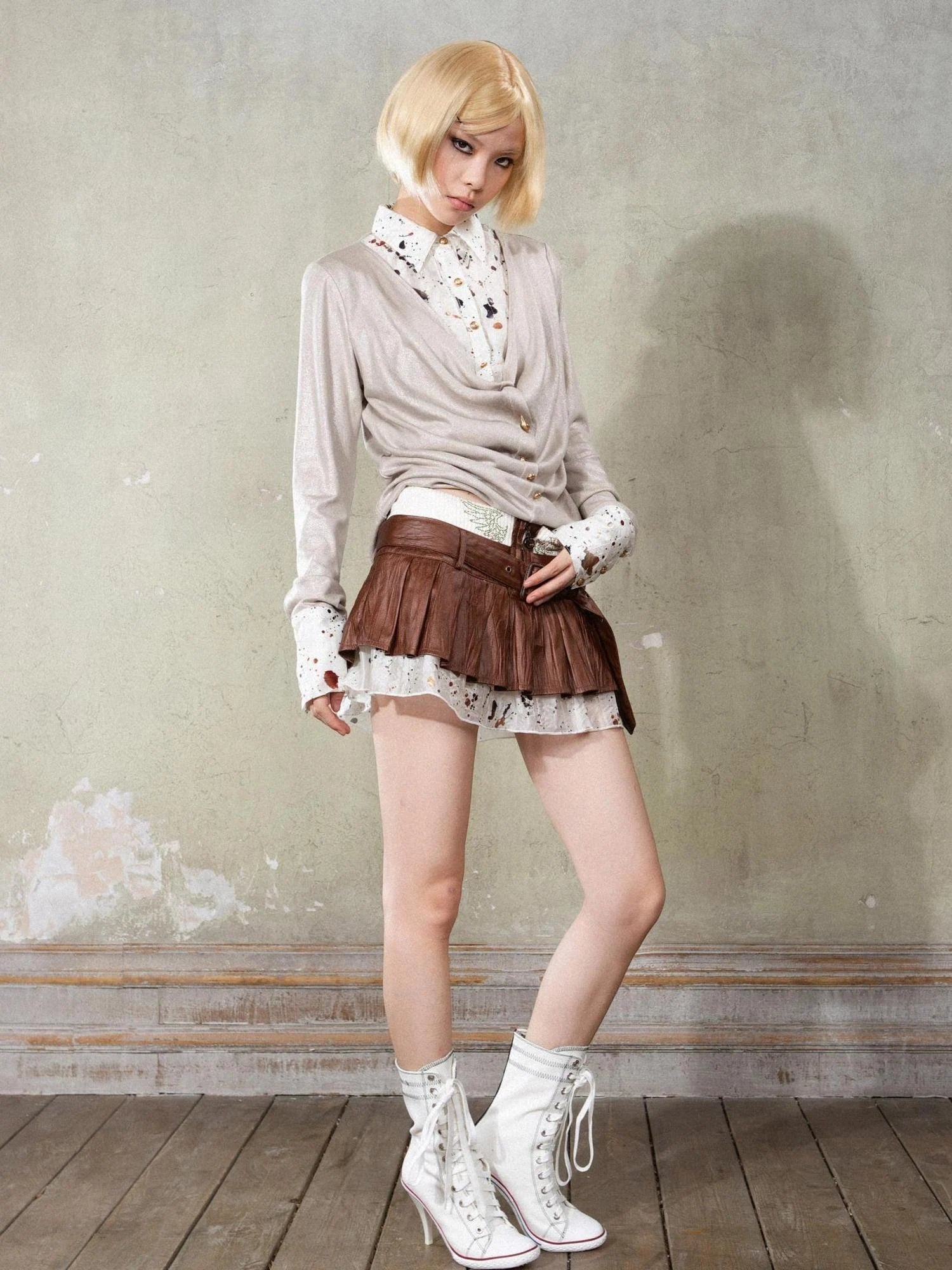 Punk Y2k Rock V Neck Grain Collar Patchwork Long Sleeve Shirt