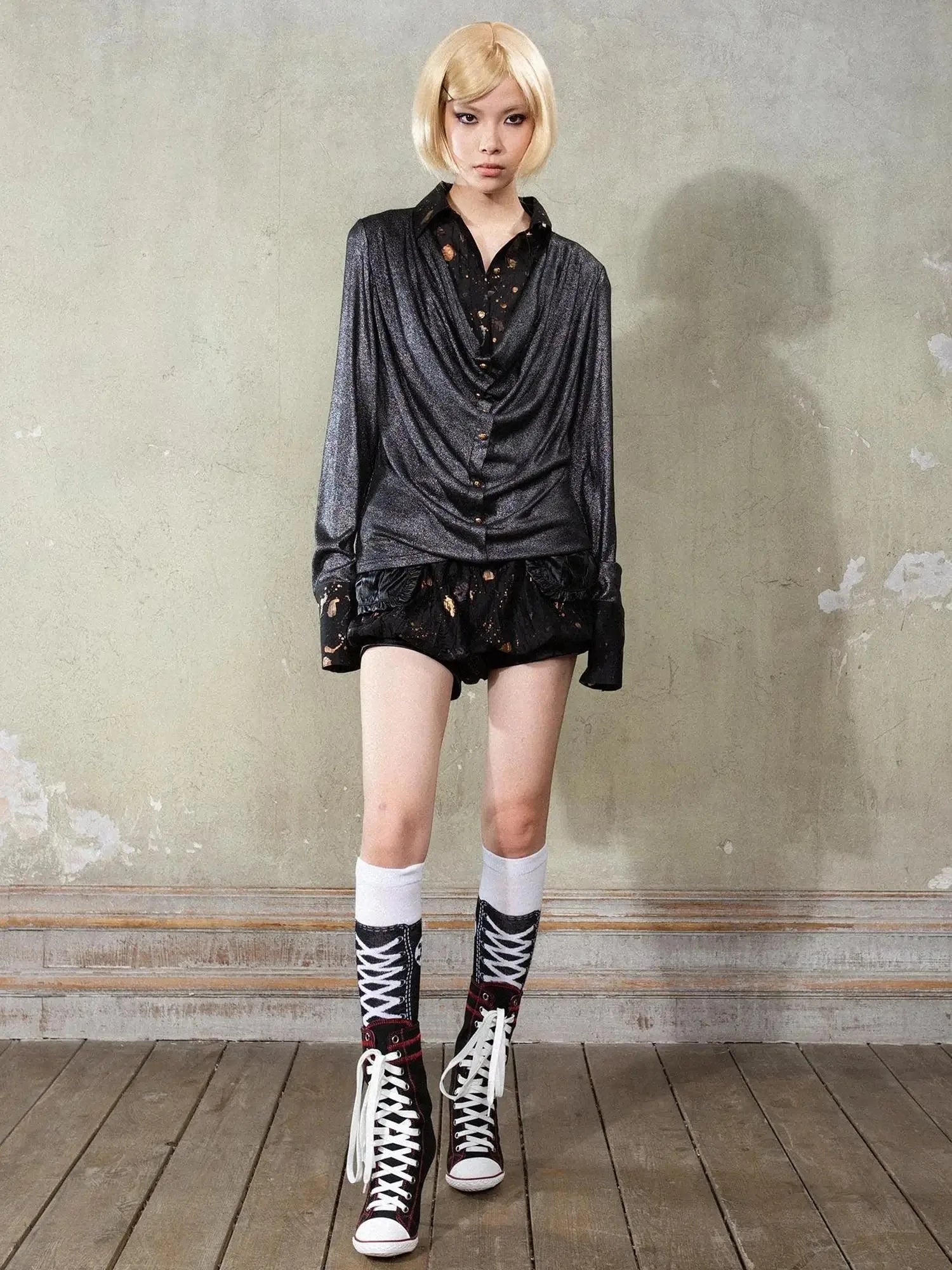 Punk Y2k Rock V Neck Grain Collar Patchwork Long Sleeve Shirt