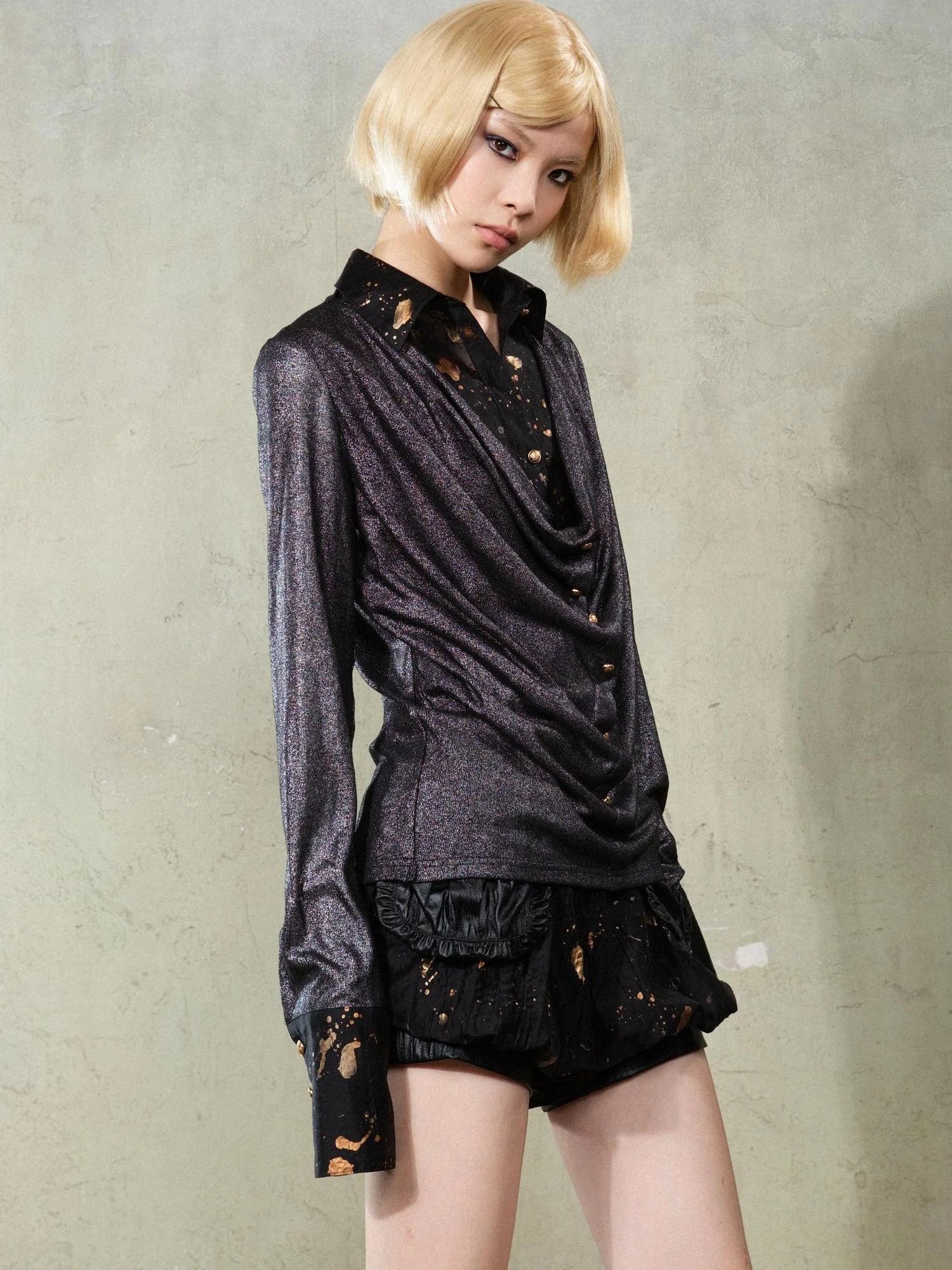 Punk Y2k Rock V Neck Grain Collar Patchwork Long Sleeve Shirt