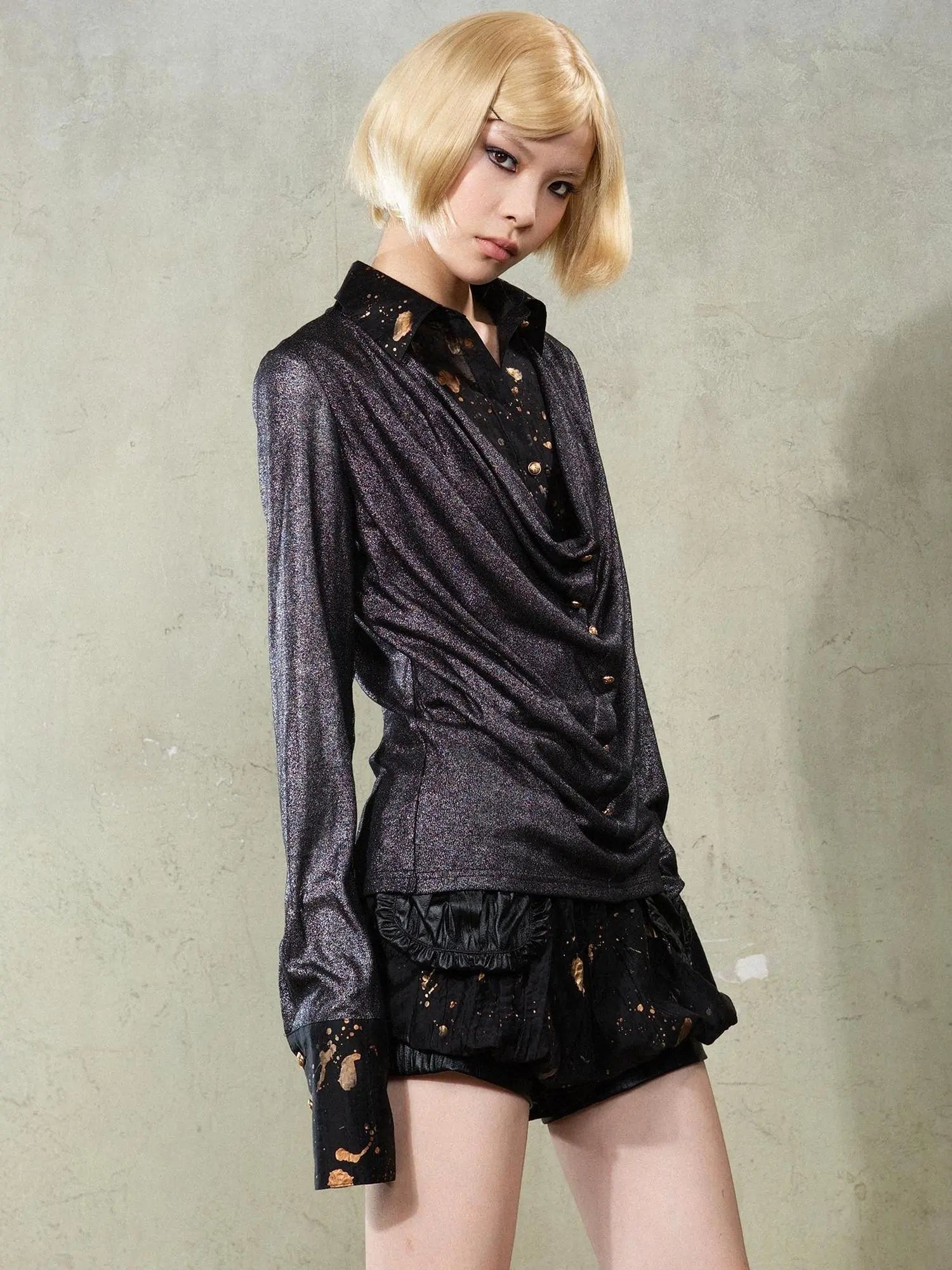 Punk Y2k Rock V Neck Grain Collar Patchwork Long Sleeve Shirt