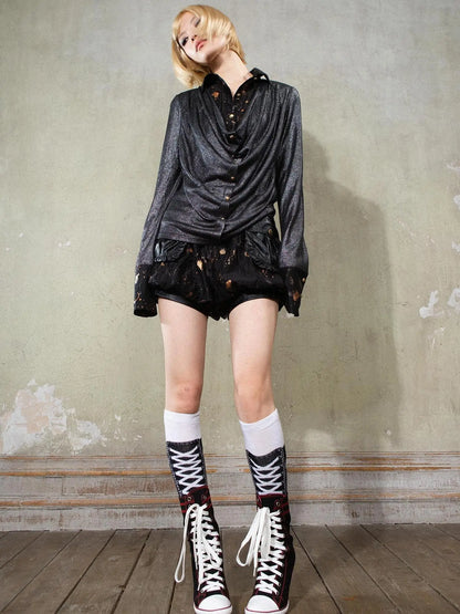 Punk Y2k Rock V Neck Grain Collar Patchwork Long Sleeve Shirt