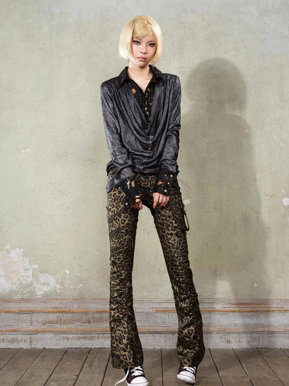 Punk Y2k Rock V Neck Grain Collar Patchwork Long Sleeve Shirt