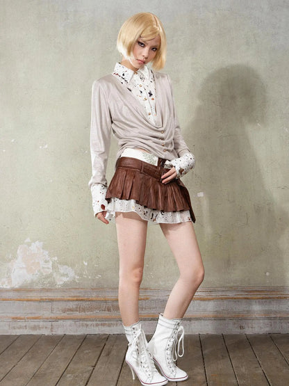 Punk Y2k Rock V Neck Grain Collar Patchwork Long Sleeve Shirt