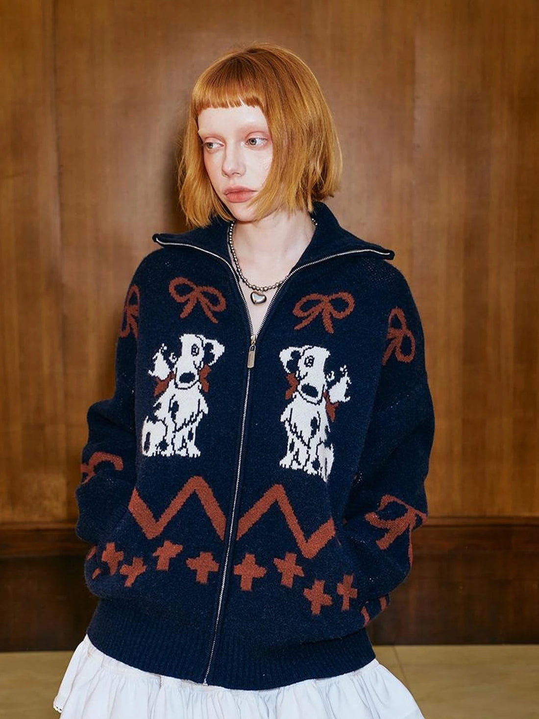 Puppy Bow Knit Zip Cardigan