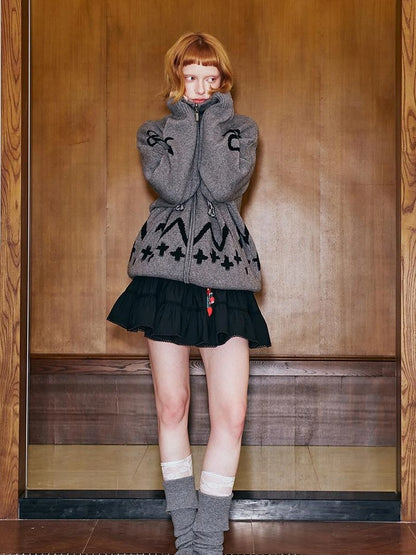 Puppy Bow Knit Zip Cardigan