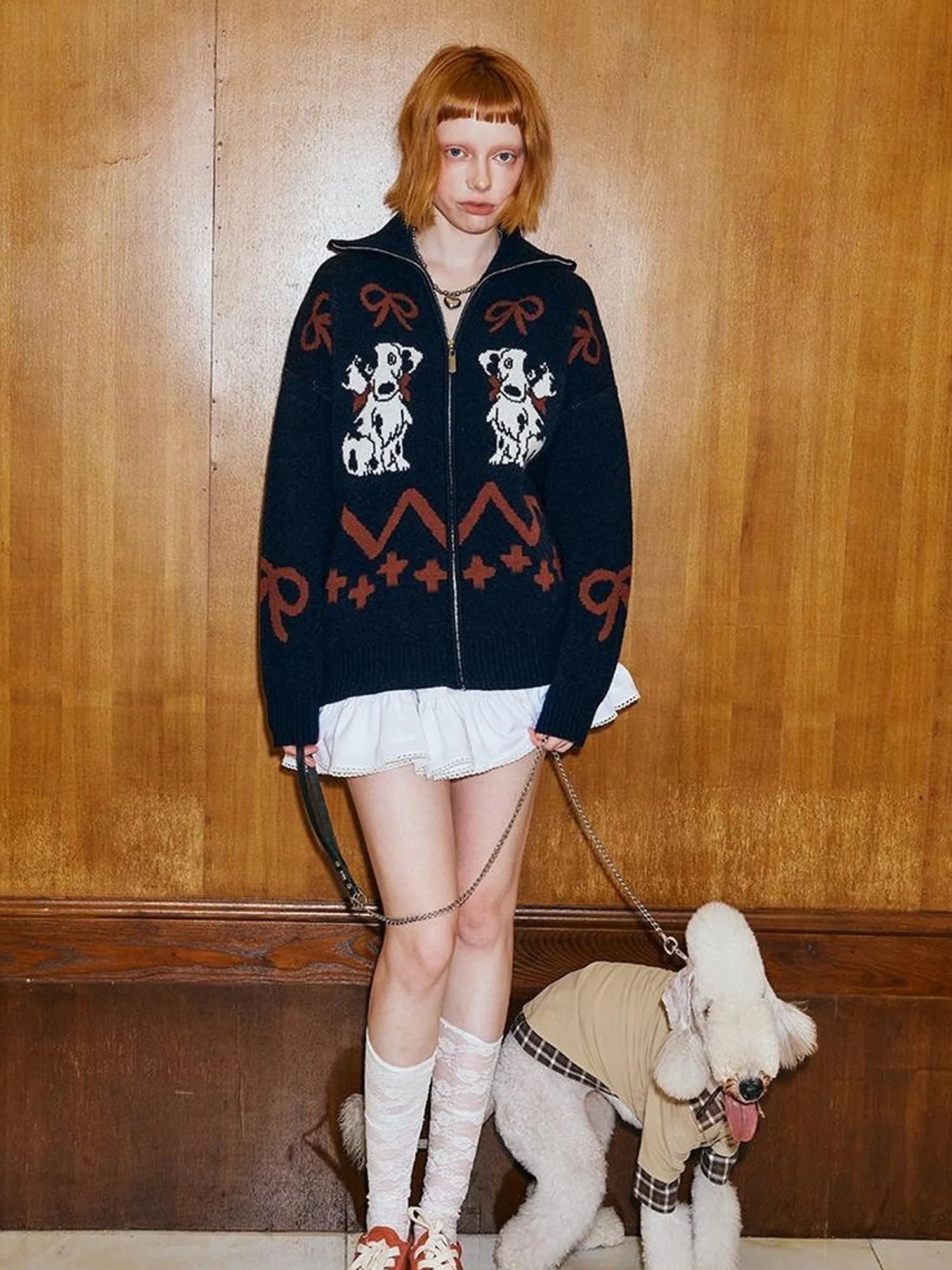 Puppy Bow Knit Zip Cardigan
