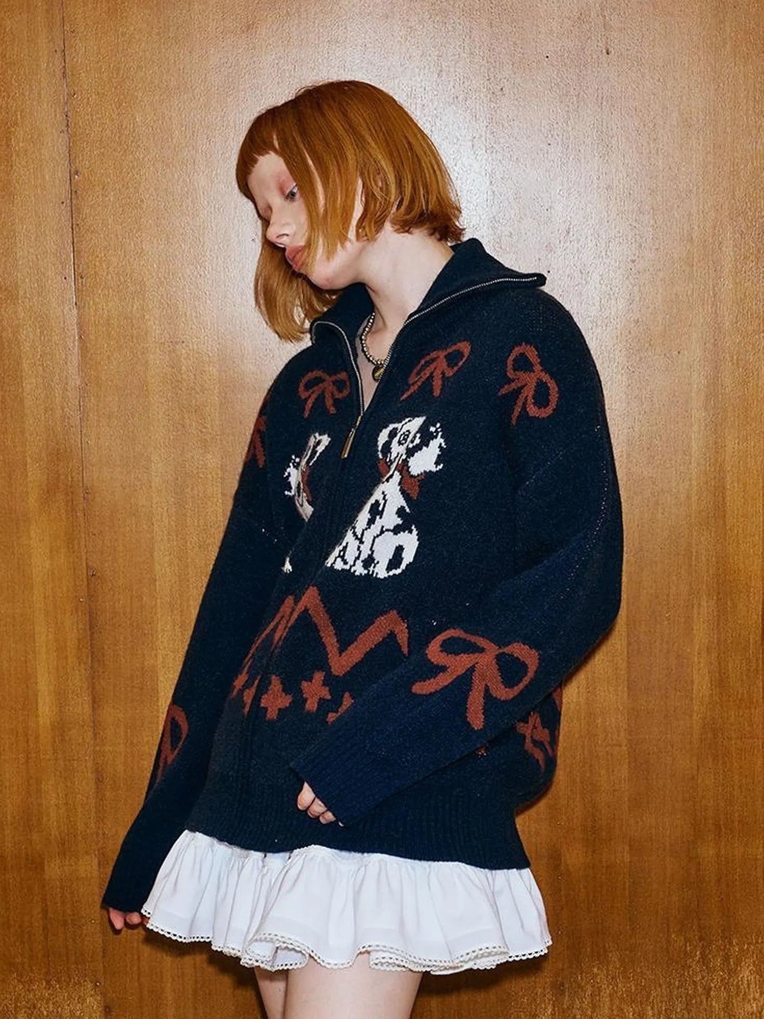 Puppy Bow Knit Zip Cardigan