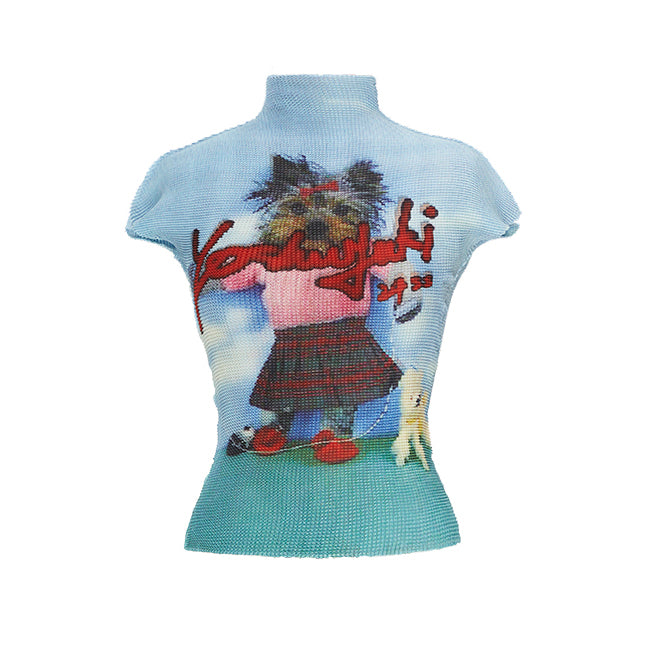 YOSHUYUKI Yoshuyuki Dancing Dog Print Stretch Ruffle Vintage Tee