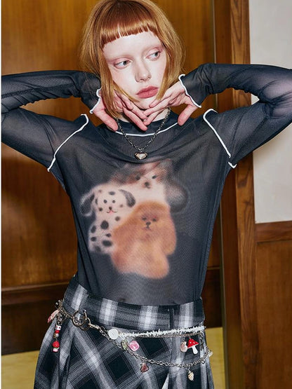 Puppy Print Sheer Black Tee