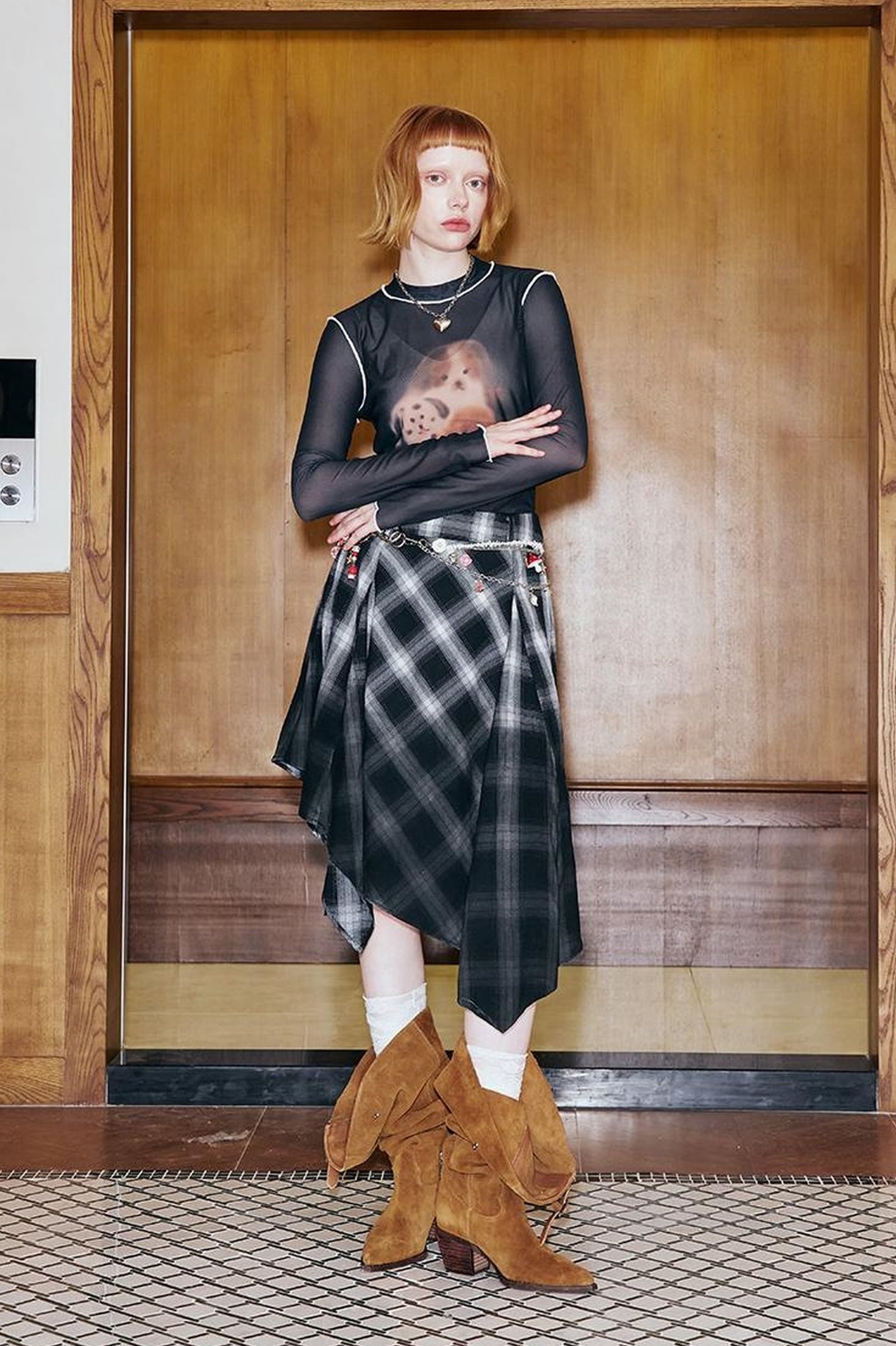 DIDDI MODA Puppy Print Sheer Black Tee