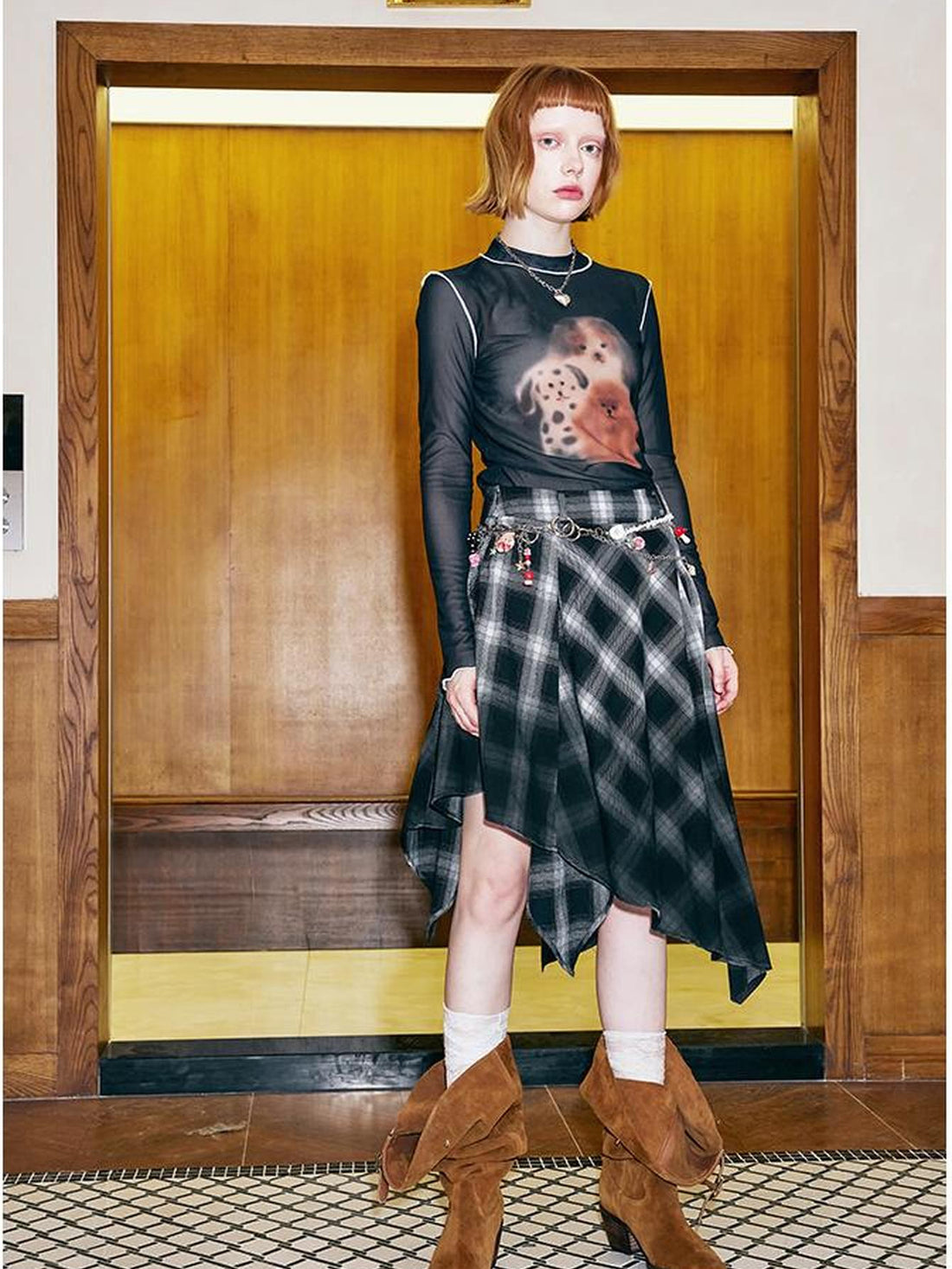 DIDDI MODA Puppy Print Sheer Black Tee
